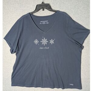 Life is Good Crusher Tee Womens XXXL‎ Blue Snowflake Graphic V-Neck Cotton Shirt